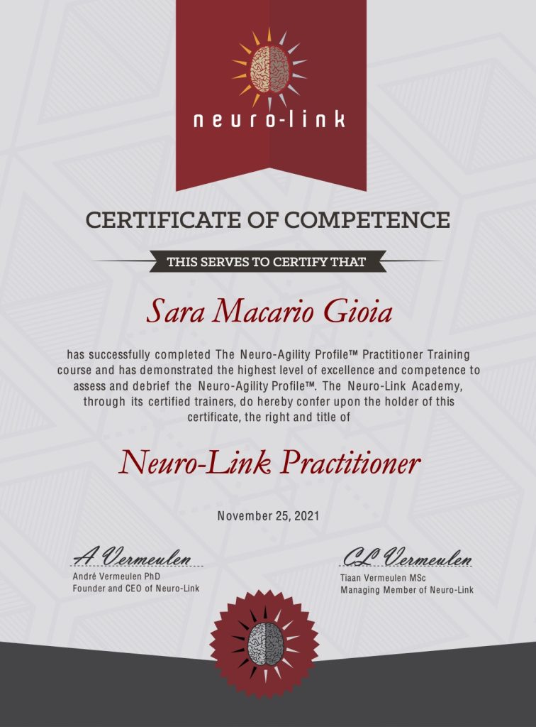 Neuro-Link Practitioner Certificate of Competence - Sara Macario Gioia